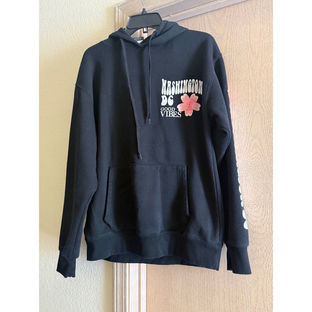 Washington DC Good Vibes Hoodie Black Floral Graphic Pullover Size Large